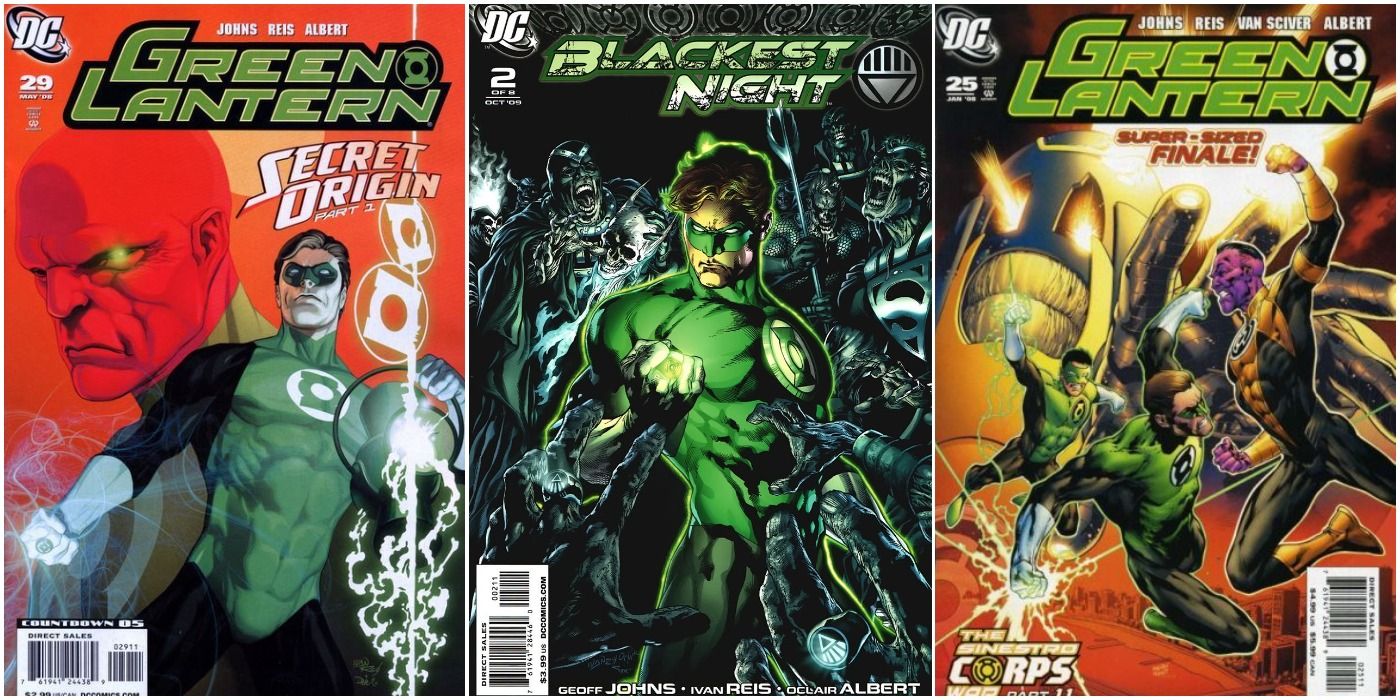 three Green Lantern comic book covers with Hal Jordan centered; also featuring Abin Sur, various Black Lanterns, Kyle Rayner, and Sinestro