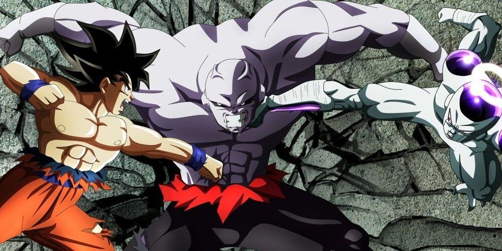 Goku and Frieza battle against Jiren in Dragon Ball Super.