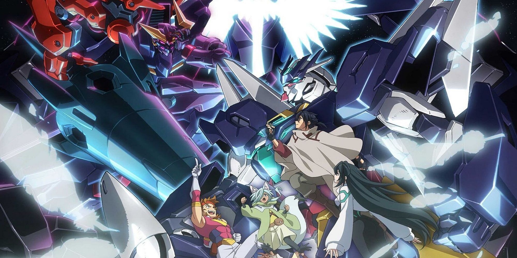 Mechas and characters posing in Gundam Build Divers: Re:RISE (2019).