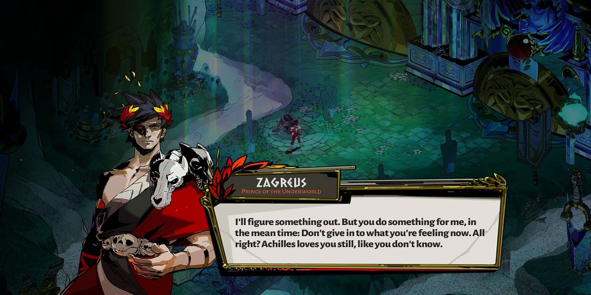 A Zagreus dialogue box pops up, reassuring Patroclus