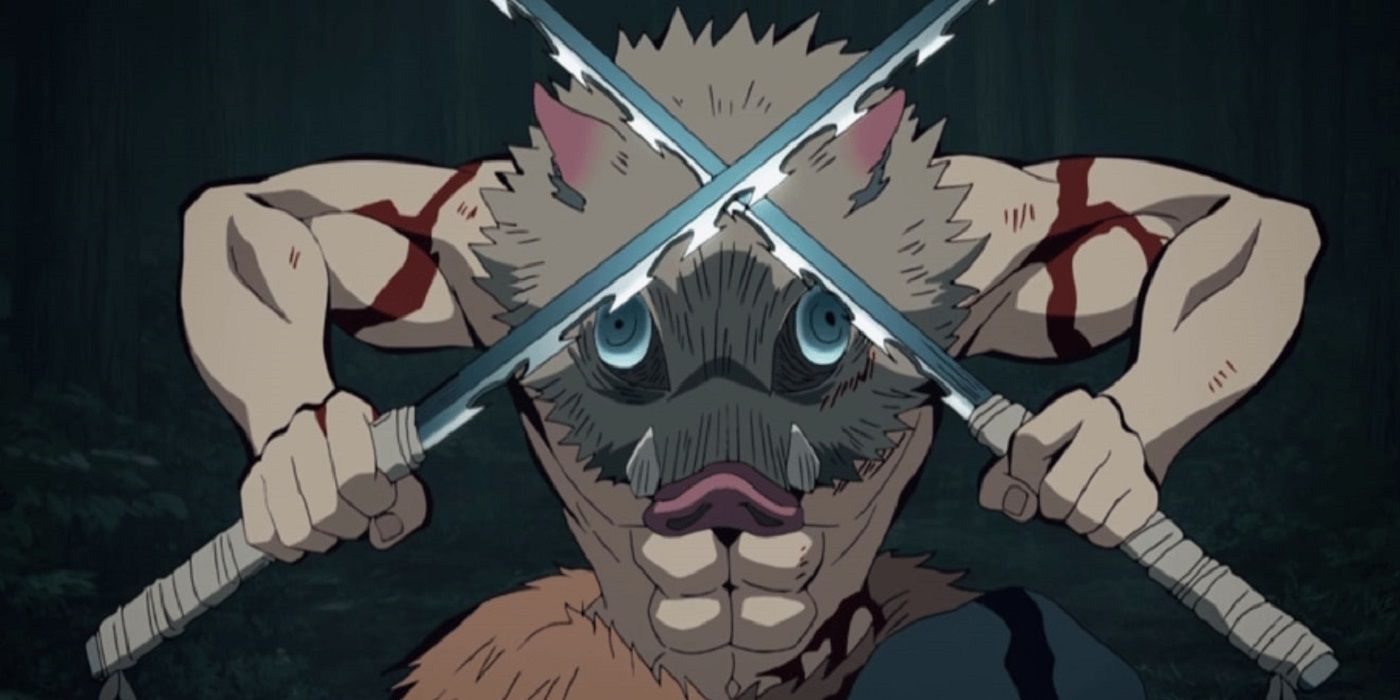 Inosuke with swords in Demon Slayer.