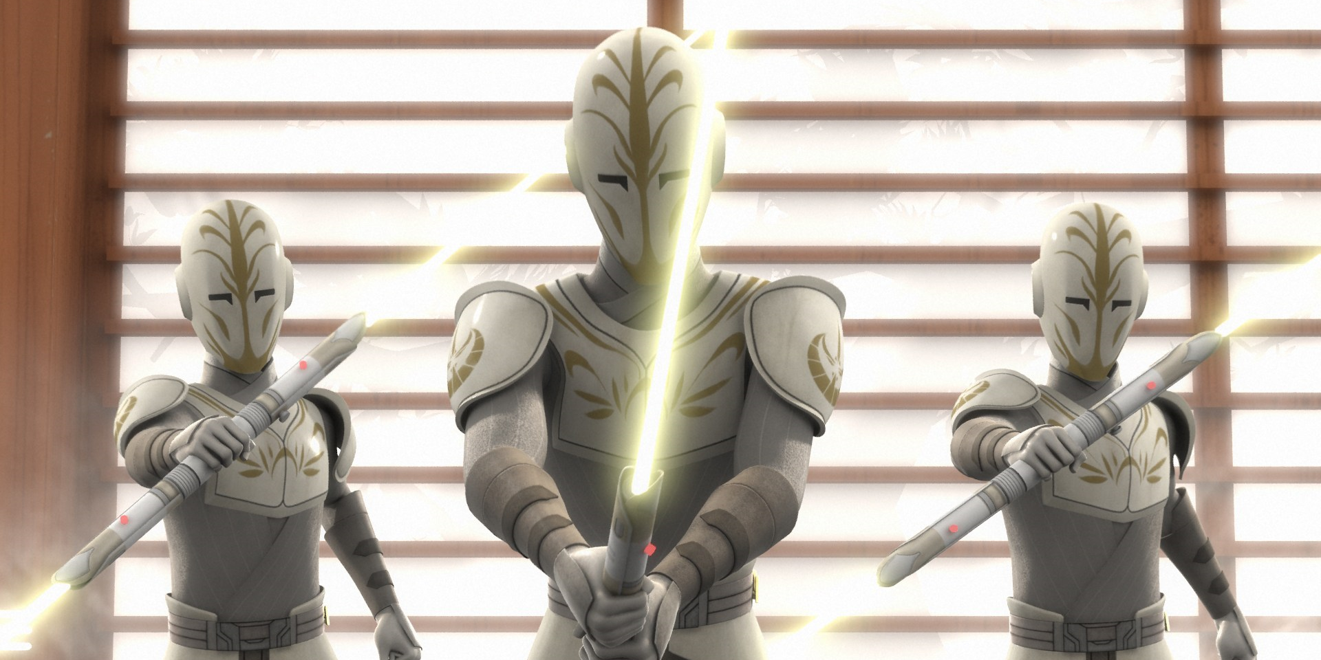 Three Jedi Temple guards wielding pale yellow lightsabers