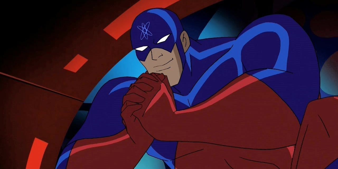 The Atom prepares to break the heart of the alien war machine in Justice League Unlimited