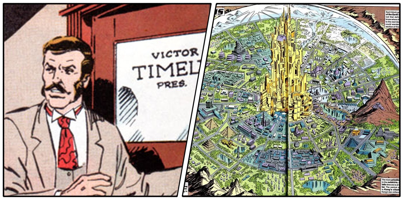 split image of Kang disguised as Victor Timely and Chronopolis