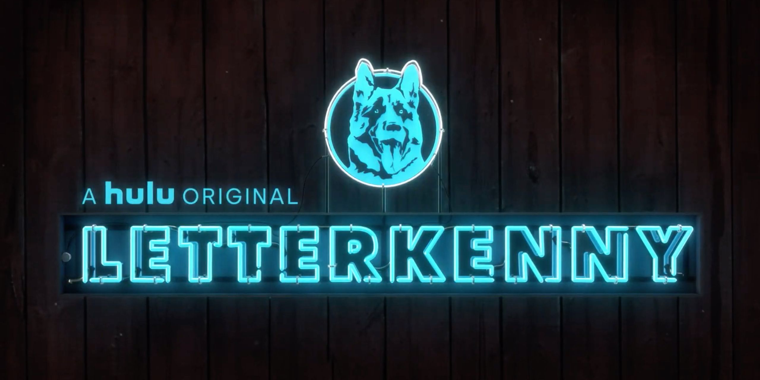 The title card for Letterkenny, but lit in neon