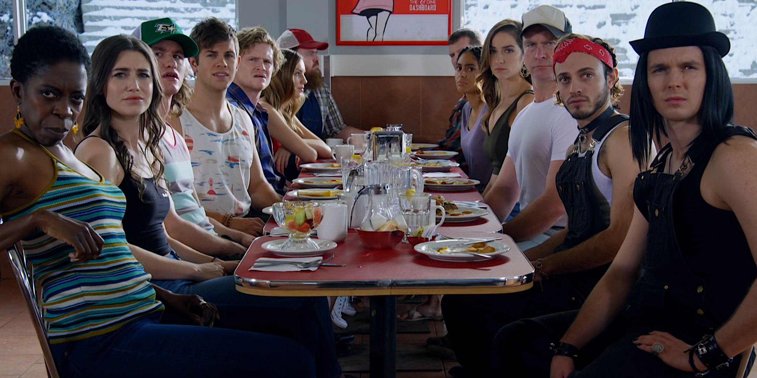 The Letterkenny cast all sitting around a diner table