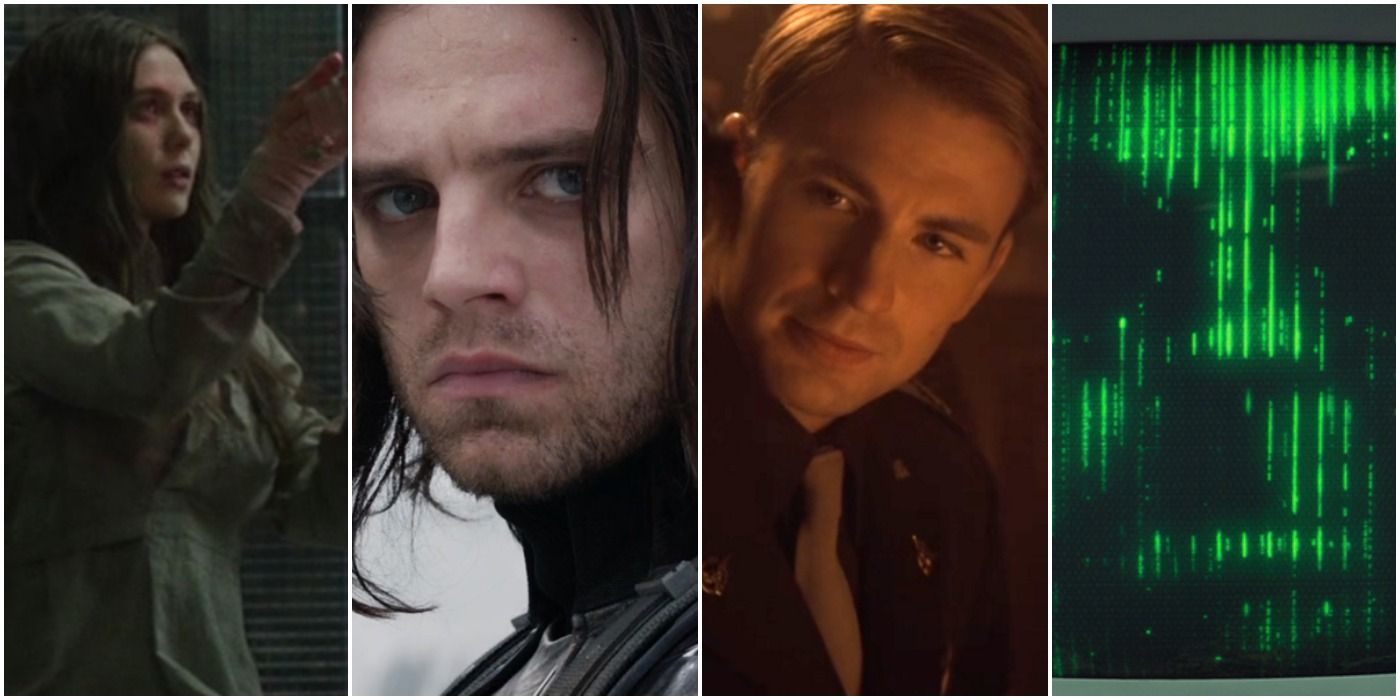 a collage of four images: wanda maximoff, bucky barnes, steve rogers, and arnim zola