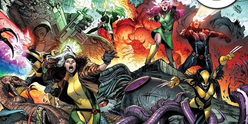 Marvel Comics new roster of X-Men- Wolverine, Rogue, Sunfire, Polaris, Cyclops, and Jean Grey- in battle
