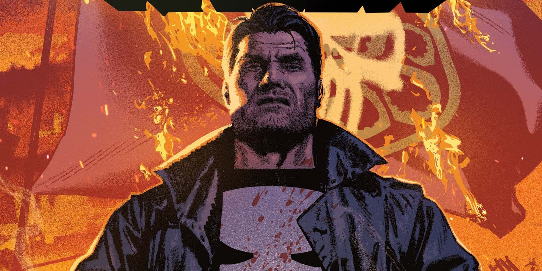 Punisher in front of a burning flag