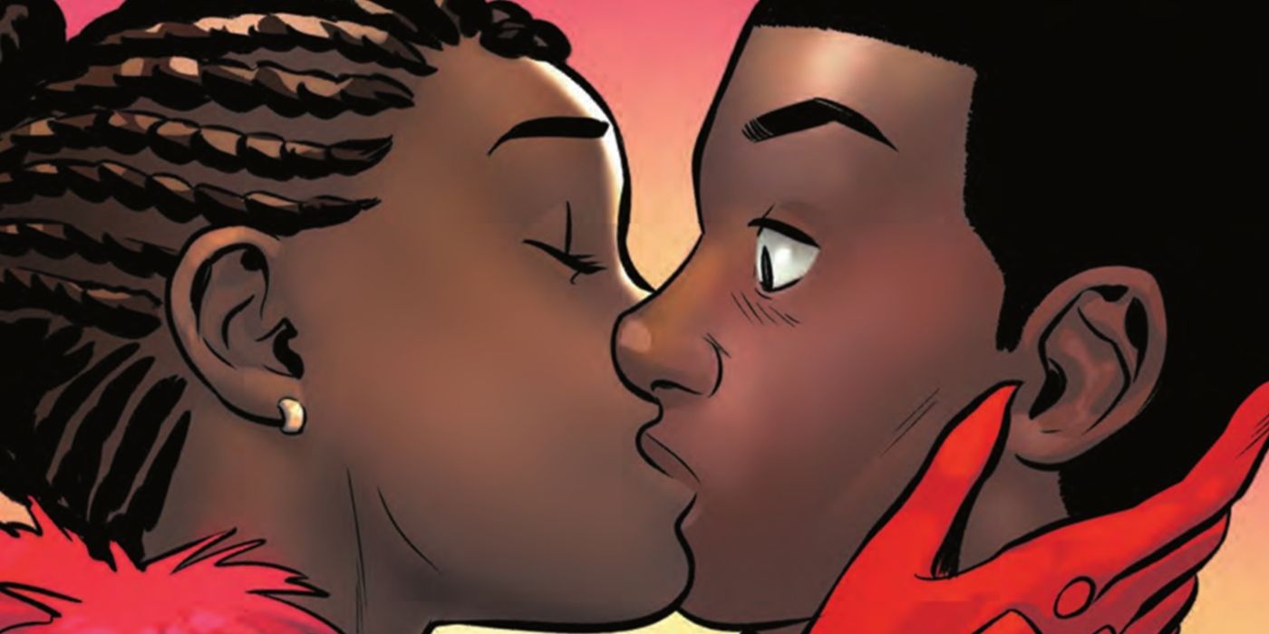 Starling kissing Miles Morales from Spider-Man