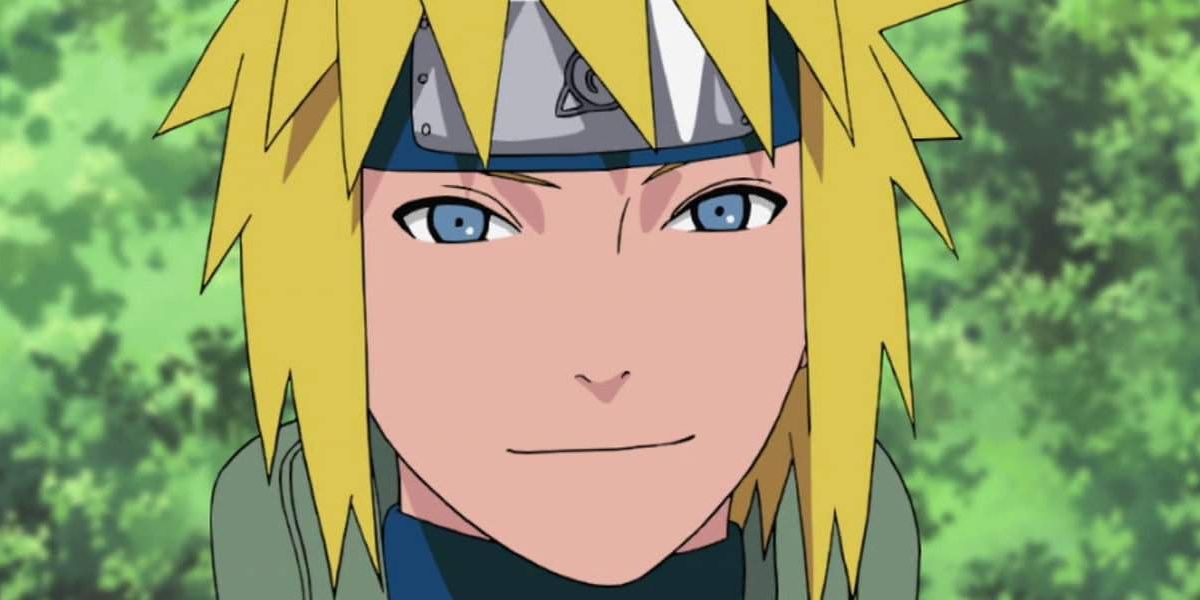 Minato Namikaze smiling with greenery in the background in Naruto.