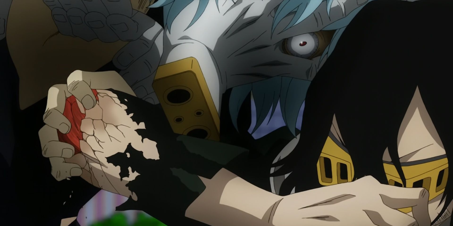 Villain Tomura Shigaraki using his Quirk, Decay, on Pro Hero Eraserhead's elbow in MHA.