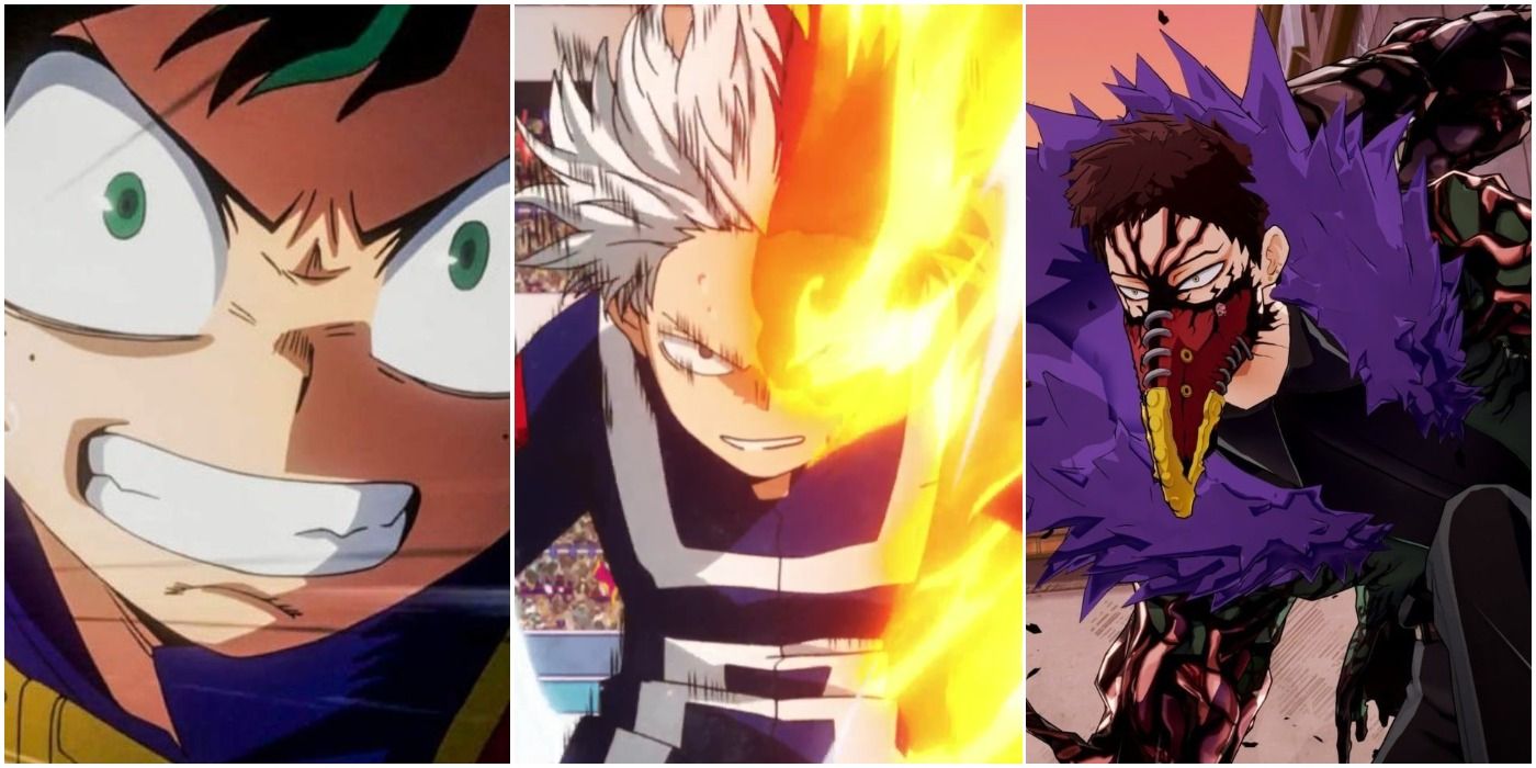 My Hero Academia's Deku, Todoroki, and Kai Chisaki, using their Quirks, One For All, Half-Cold Half Hot, and Overhaul.