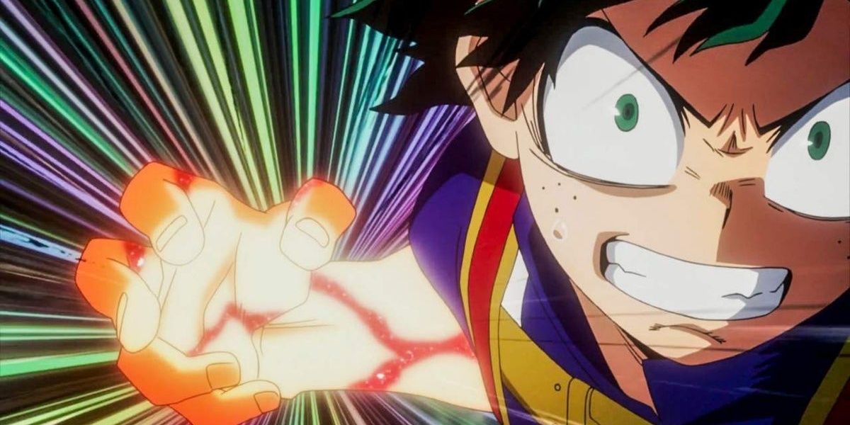 Anime My Hero Academia's Deku using his Quirk, One For All.
