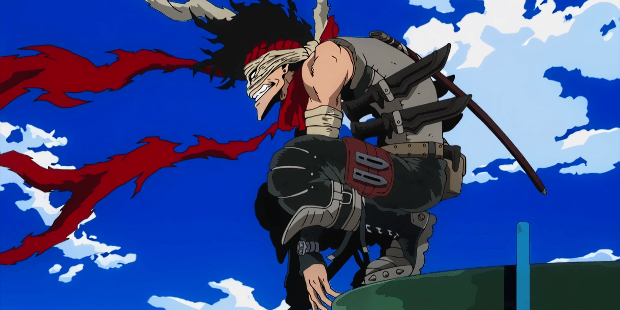 Hero Killer: Stain from My Hero Academia crouching on top a tower, not using his Quirk, Bloodcurdle.