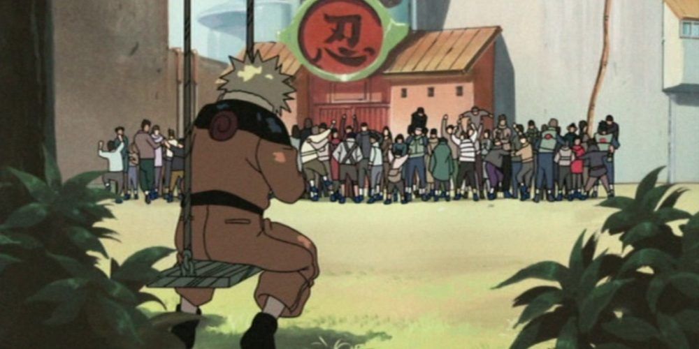 Naruto Uzumaki Sitting On The Swing Alone As He Watches Other Villagers In A Large Group