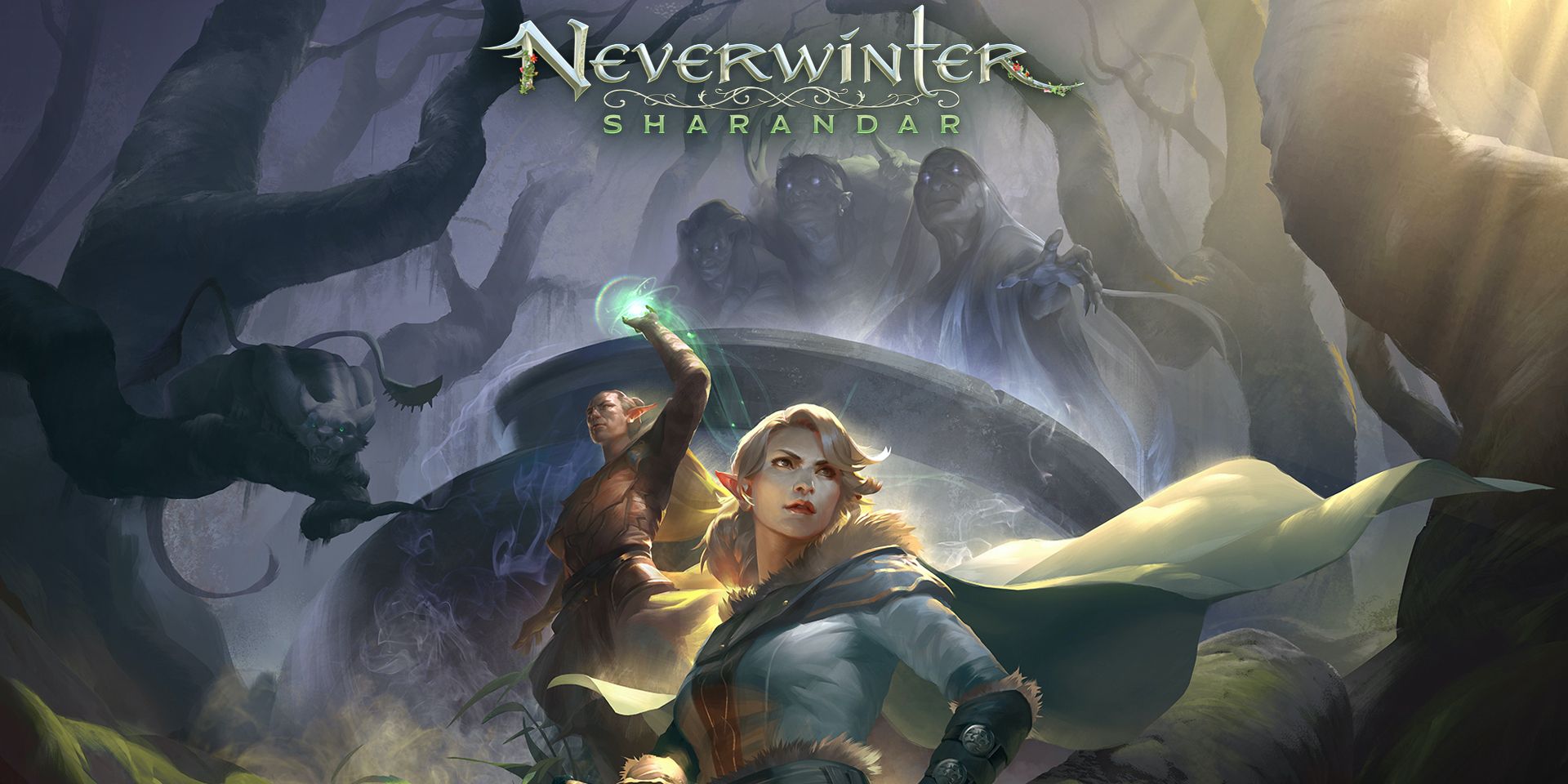 Art for the Neverwinter Sharandar expansion, featuring two elven adventurers wandering through a dangerous forest