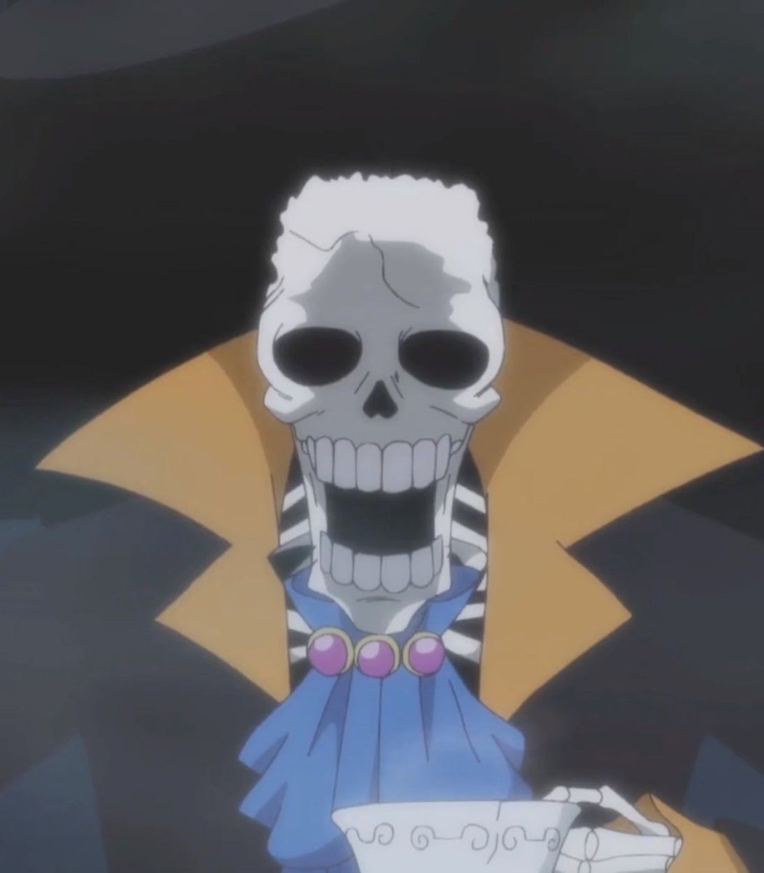 brook the skeleton has a cup of tea in one piece