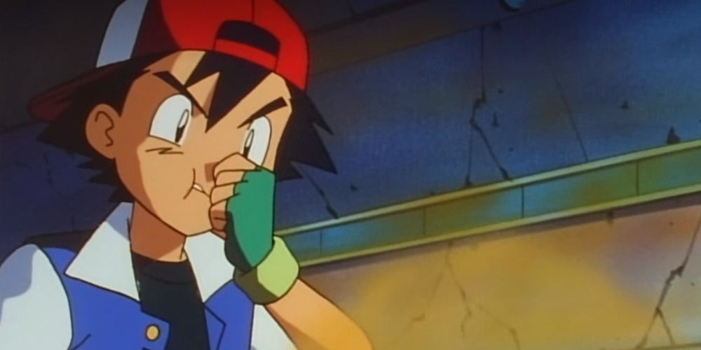 Ash rescuing Erika's Gloom from the burning gym in Pokemon anime