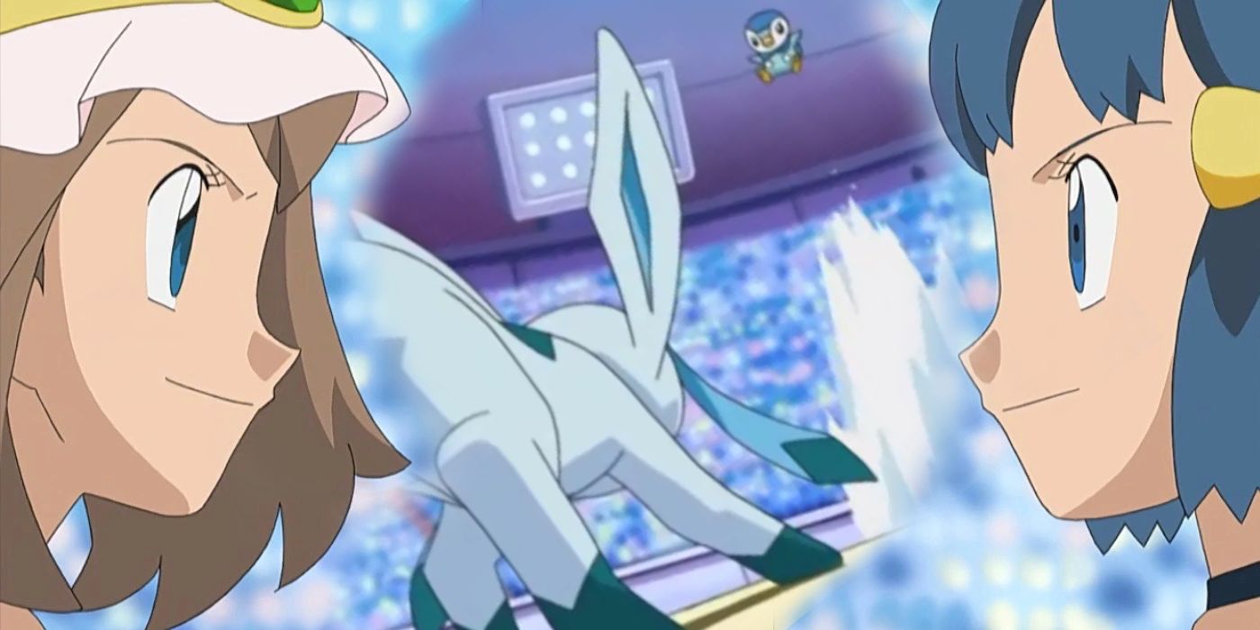 May's Glaceon versus Dawn's Piplup in the Pokémon anime.