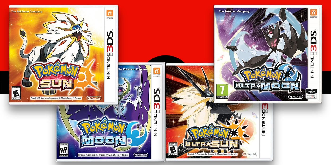 A collage of Seventh generation Pokemon games Sun, Moon, Ultra Sun, and Ultra Moon
