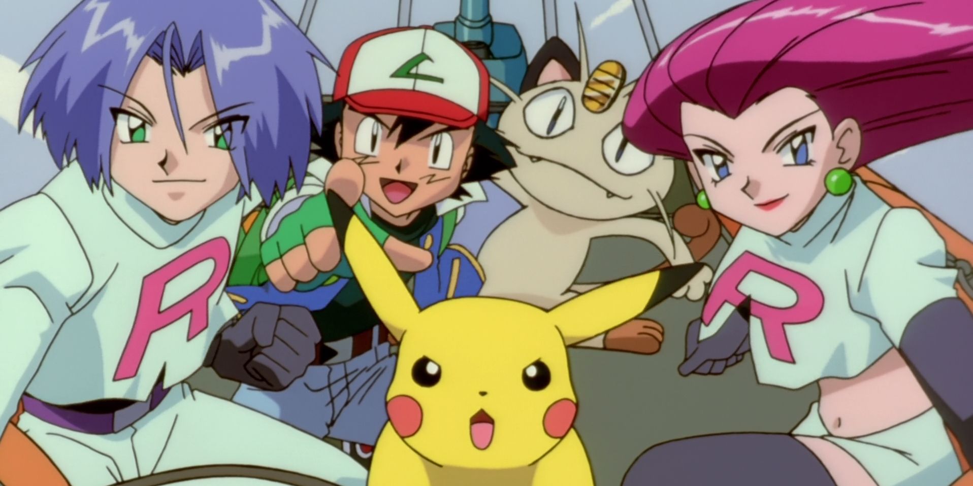 Team Rocket, Ash, and Pikachu posing in Pokemon The Movie 2000.