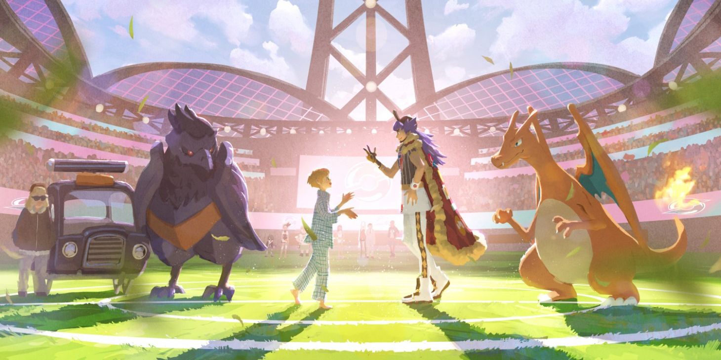 Leon, Charizard, John and Corviknight in a stadium in the Twilight Wings Pokemon anime series
