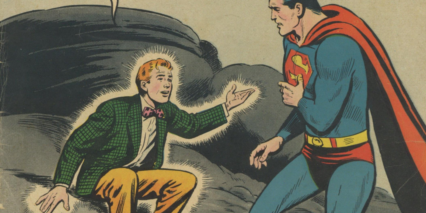 a radioactive jimmy olsen reaching out to superman