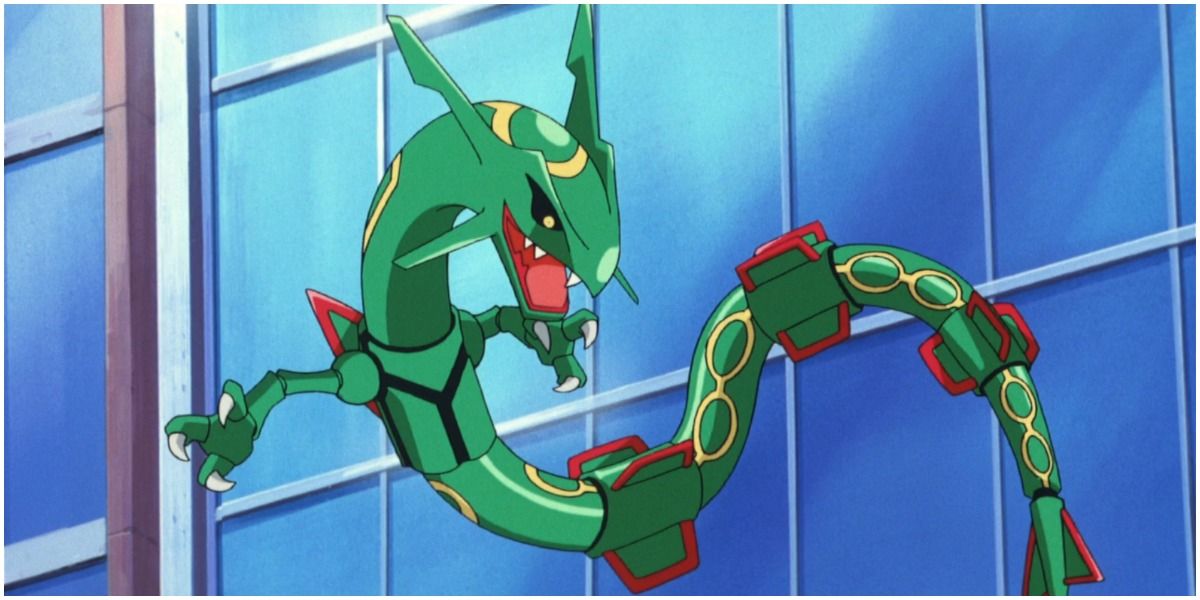 Rayquaza parece ameaçador no anime Pokémon