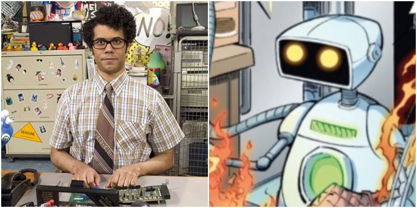 Actor/comedian Richard Ayoade next to an image of H.E.R.B.I.E. from Marvel Comics. 