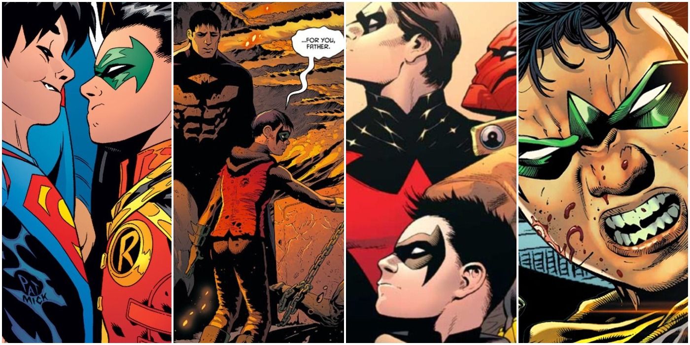 a collage of four images: the first is damian wayne and jon kent, the second is batman and damian wayne, the third is three of the robins together, and the fourth is a close-up on robin