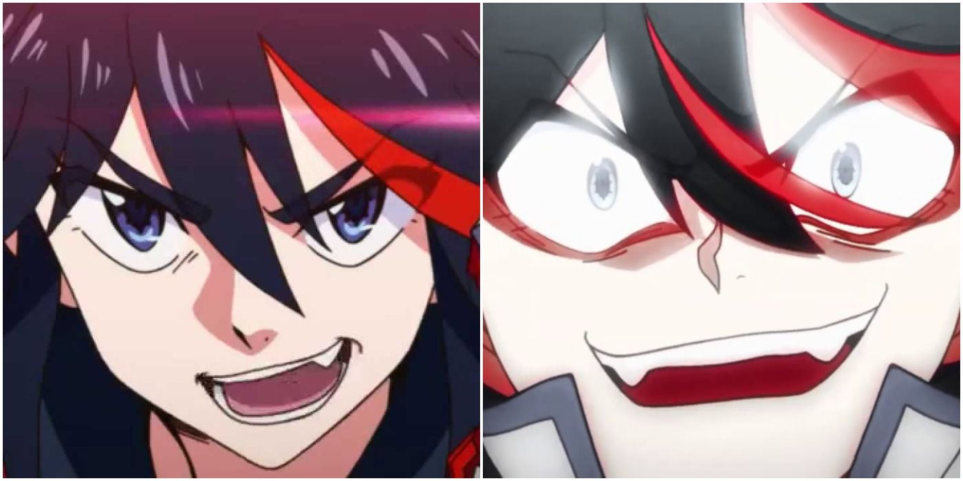 women, angry, hair in face, open mouth, face, anime, Kill la Kill, Matoi  Ryuuko, red background, anime girls, closeup