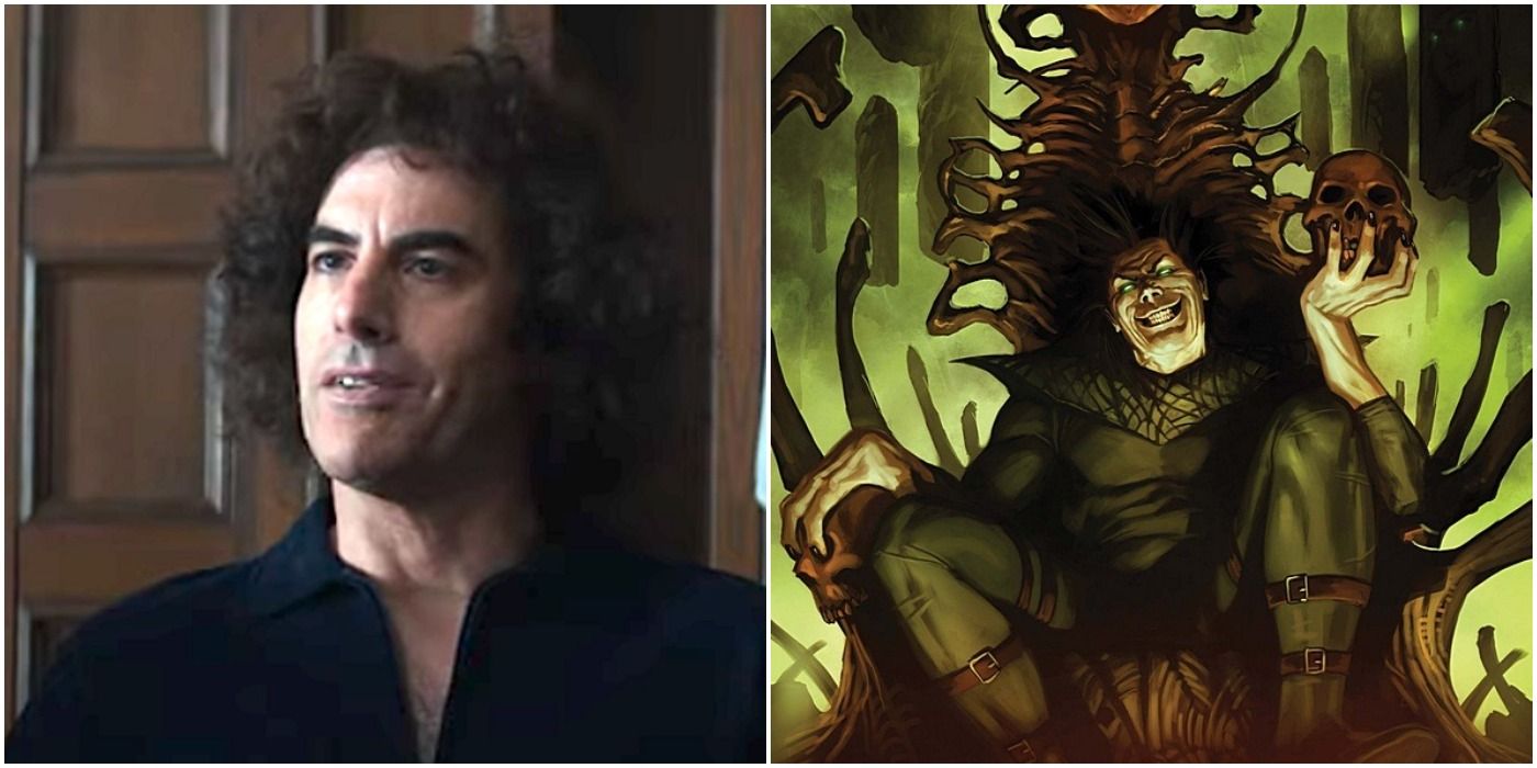 Comedian Sacha Braon Cohen next to an image of the Marvel villain Nightmare.