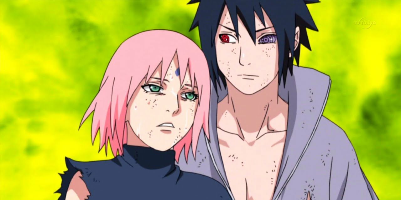 Sasuke and Sakura looking tired and beat up in Naruto.