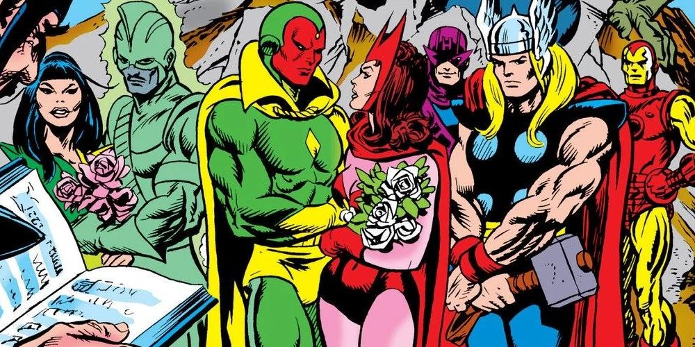 Marvel Comics' Scarlet Witch and Vision's wedding alongside Swordsman and Mantis with the Avengers in the background in Giant Size Avengers 4