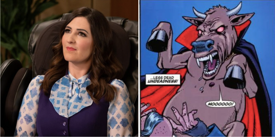An image of actress/comedian D'Arcy Carden next to an image of the Marvel character Bessie the Hellcow.