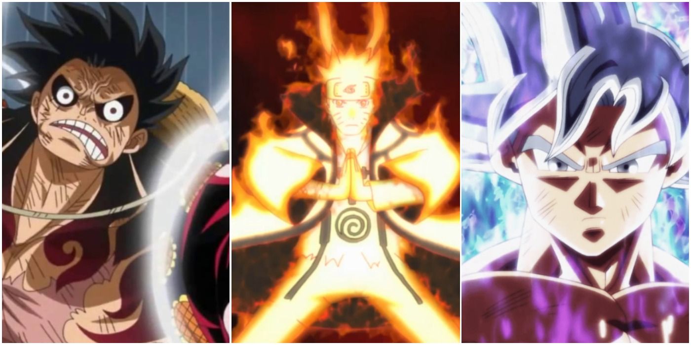 Shonen Anime Ultimate Forms Luffy Fourth Gear Nine-Tailed Naruto Ultra Instinct Goku Trio Header
