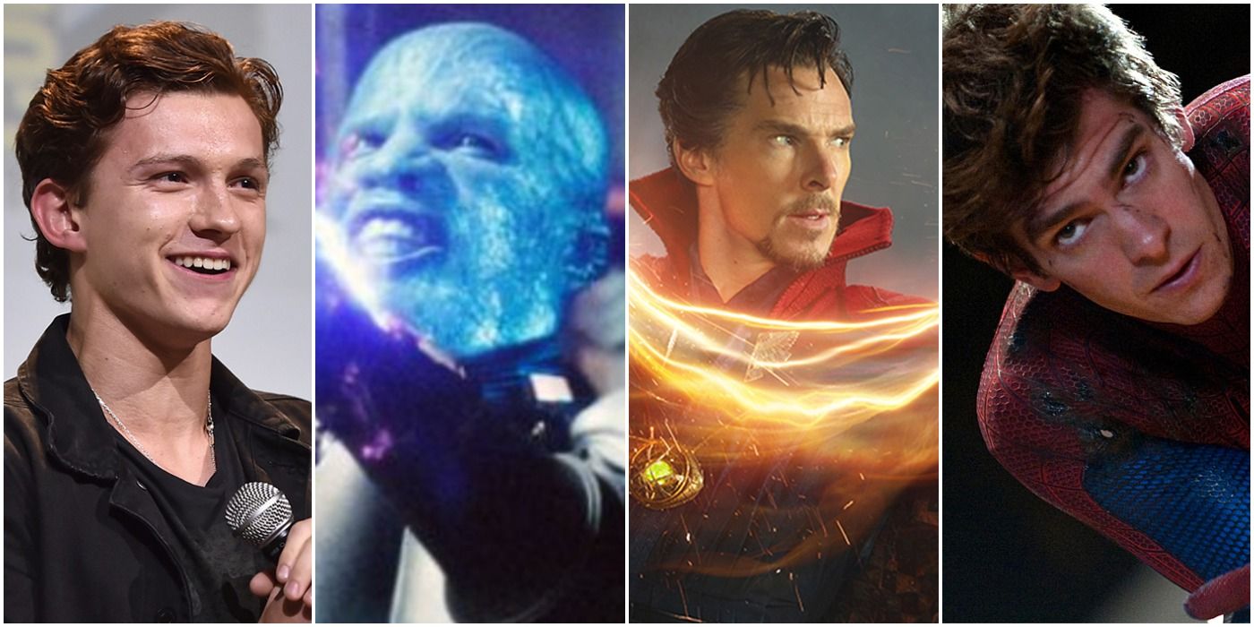 collage of four images: tom holland, jamie foxx as elector, benedict cumberbatch as dr. strange, and andrew garfield as spider-man