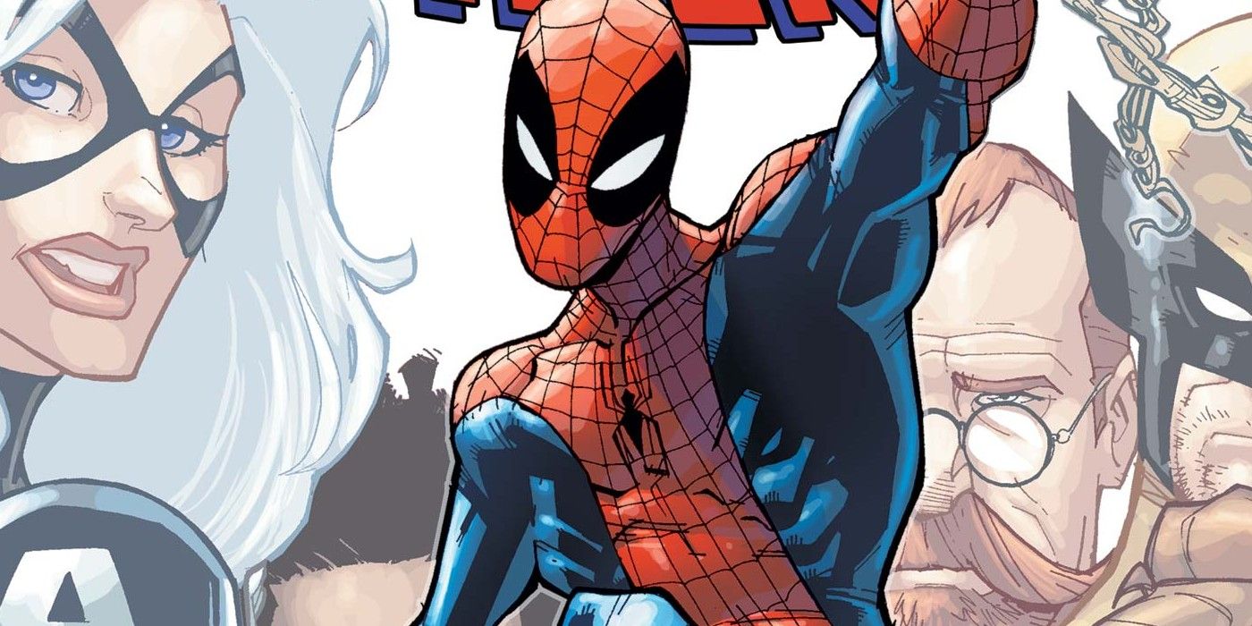 Spider-Man swinging with his supporting cast in the background in the Big Time storyline