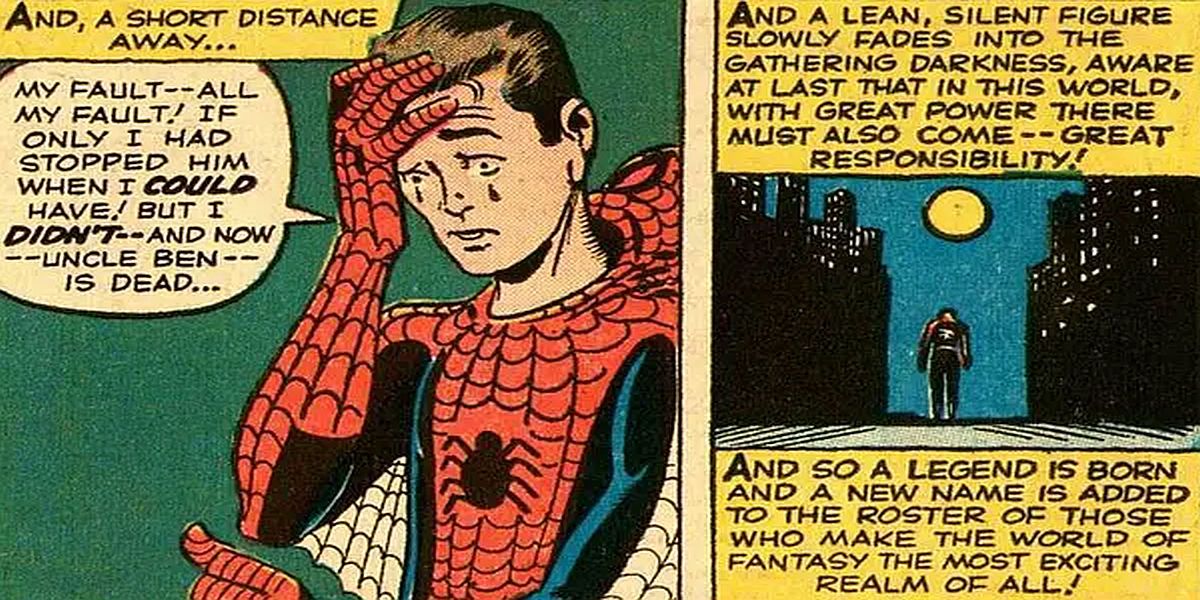 Peter Parker cries, realizing he's responsible for Uncle Ben's death in Marvel Comics