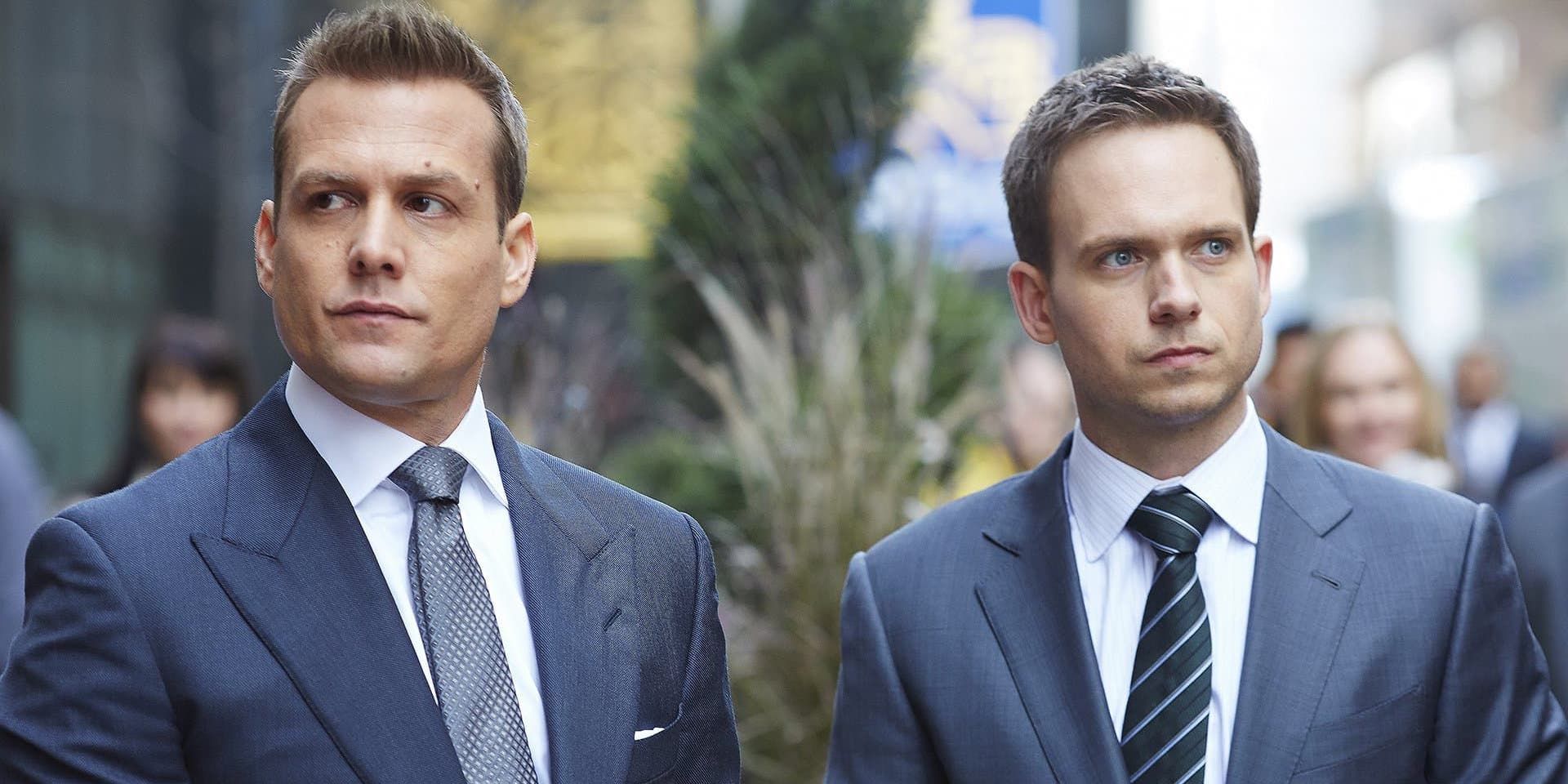 Gabriel Macht (left) portraying Harvey Specter, and Patrick J. Adams (right) playing Mike Ross