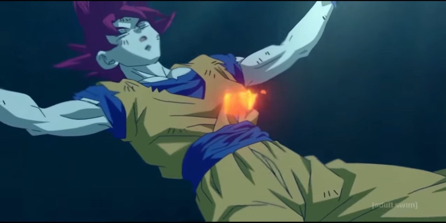 Dragon Ball's Goku in his Super Saiyan God form, channeling godly ki to regeneration.