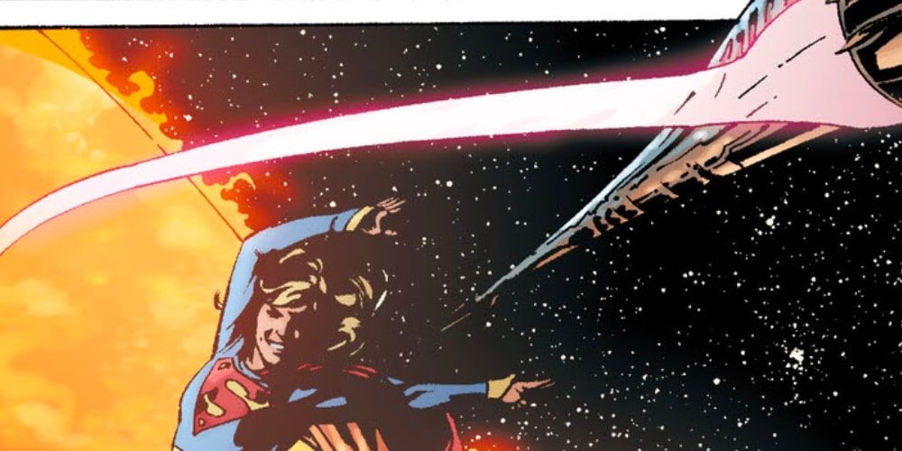 Supergirl (Kara Zor-El) stopping Brainiac's Solar-Aggressor from destroying Earth's sun.