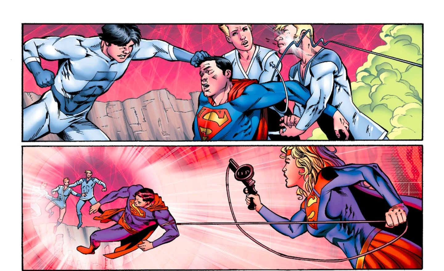 Supergirl rescuing Superman from the Phantom Zone with Batman's equipment in Convergence: Adventures of Superman #2