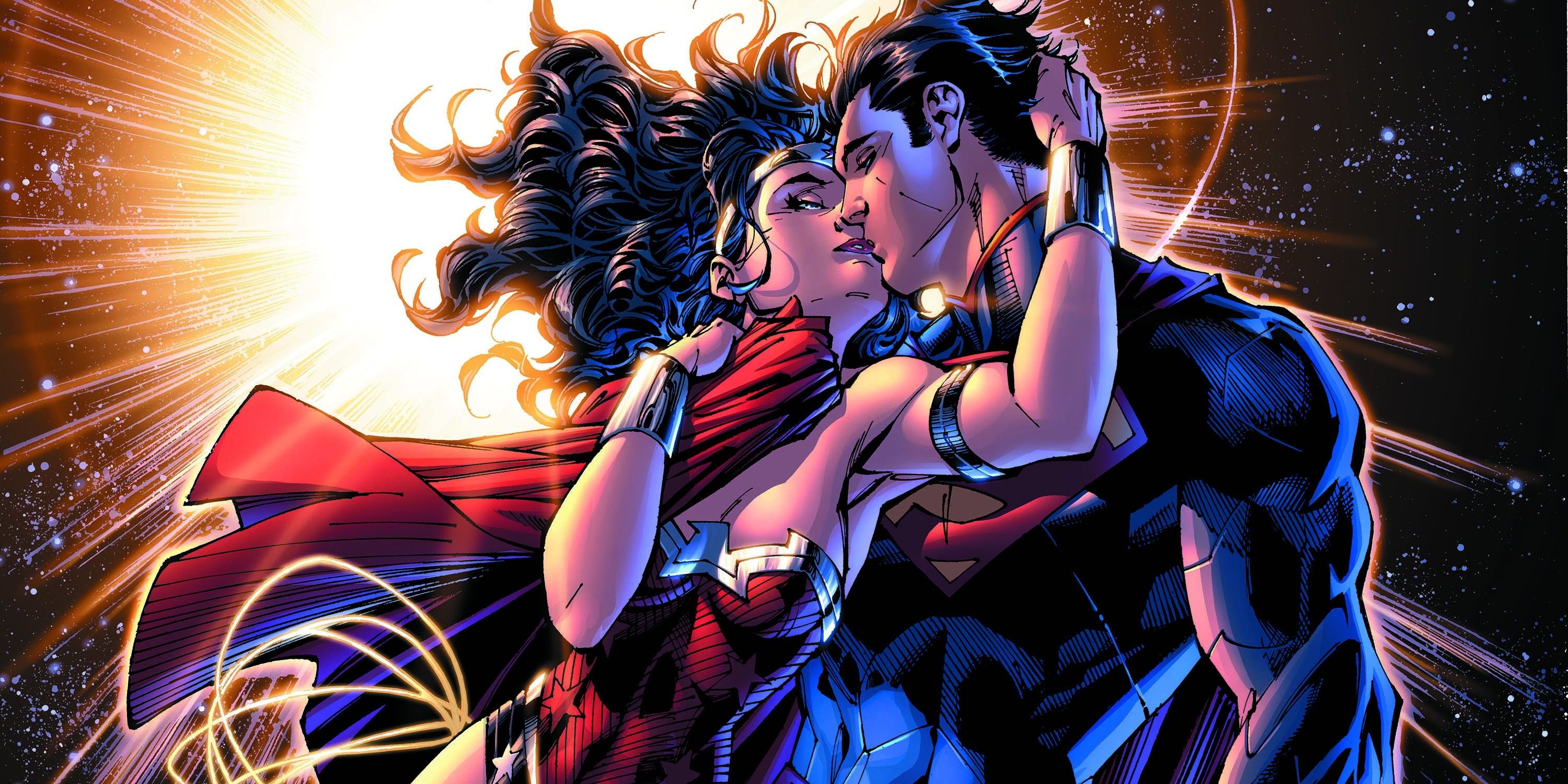 Superman and Wonder Woman kissing in space