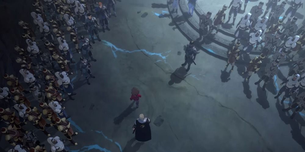 Ezran passing through the humans and elves after the battle of the Storm Spire