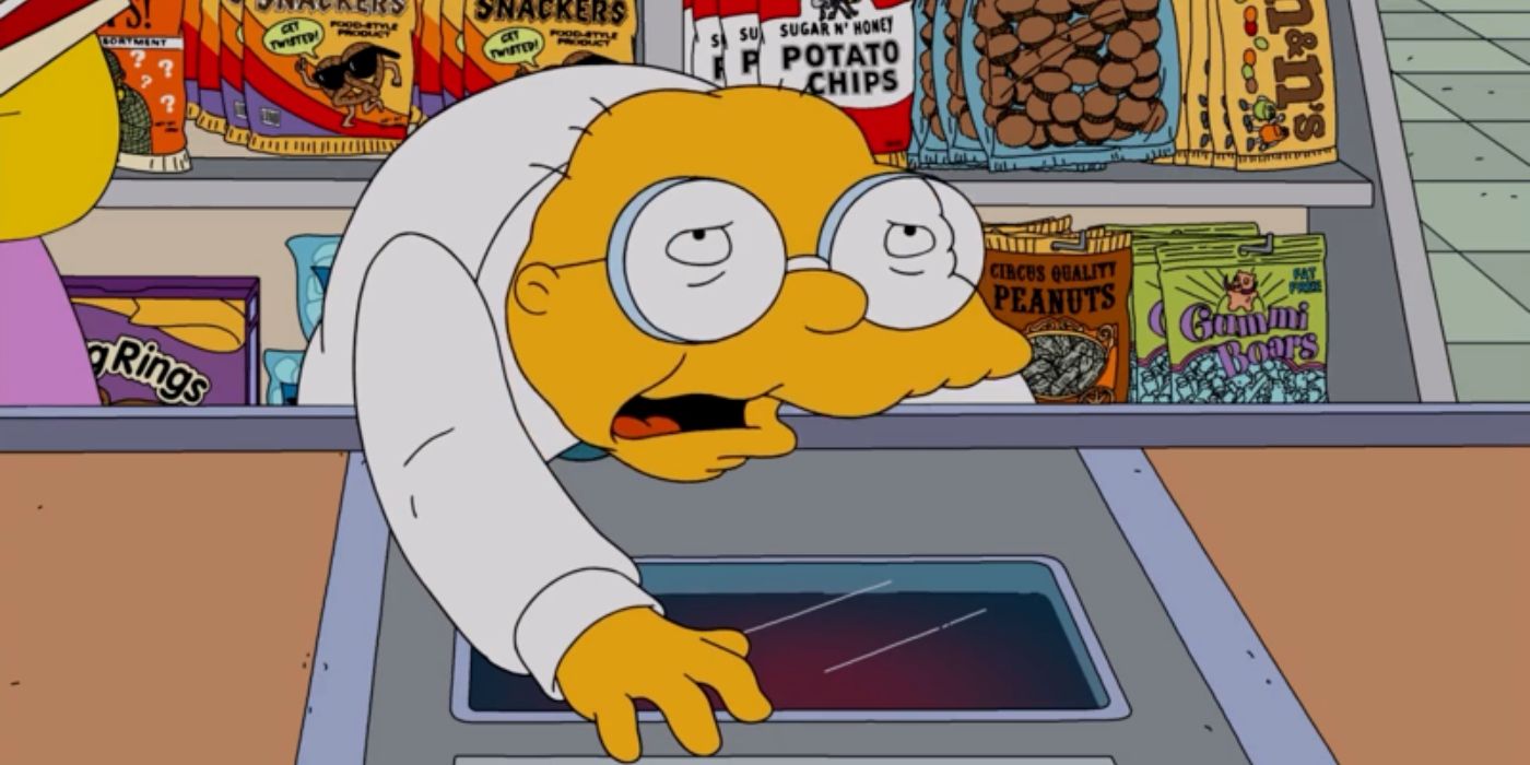 Hans Moleman feebly grabs the checkout counter in The Simpsons
