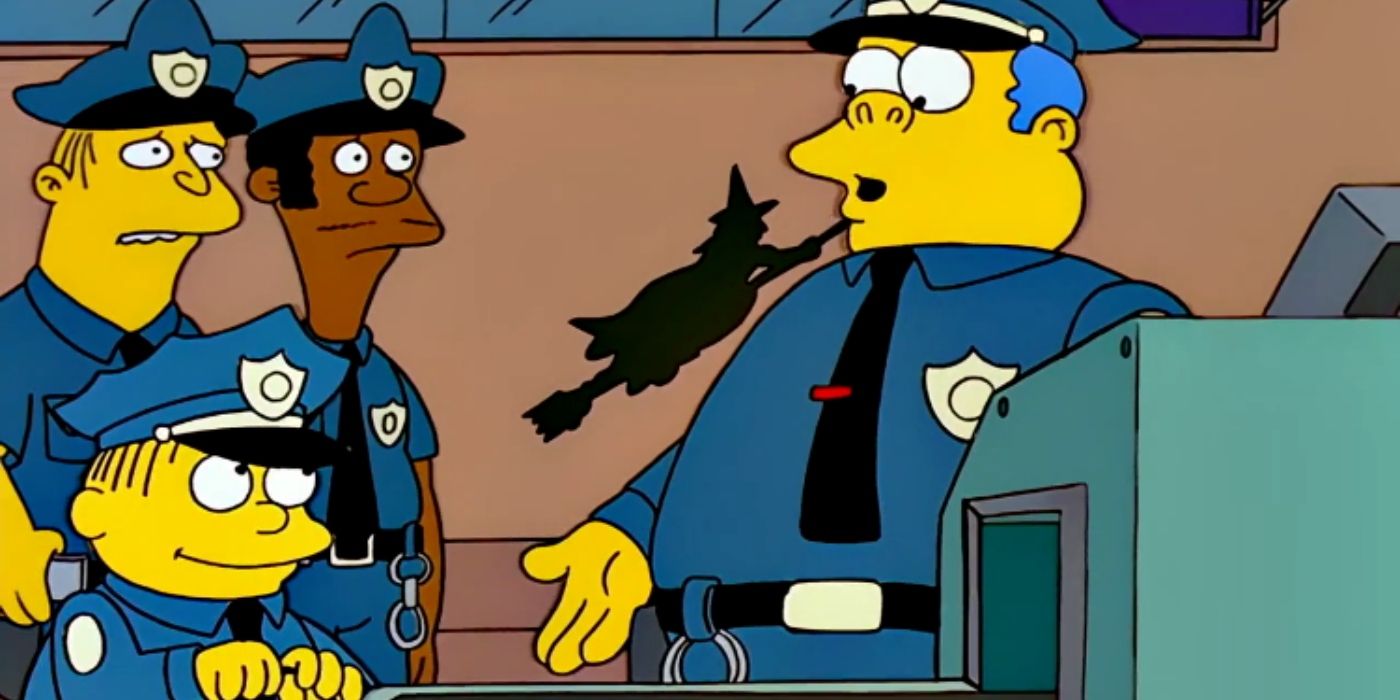 The Simpsons' Ralph and Chief Wiggum Police with a witch on a broom.