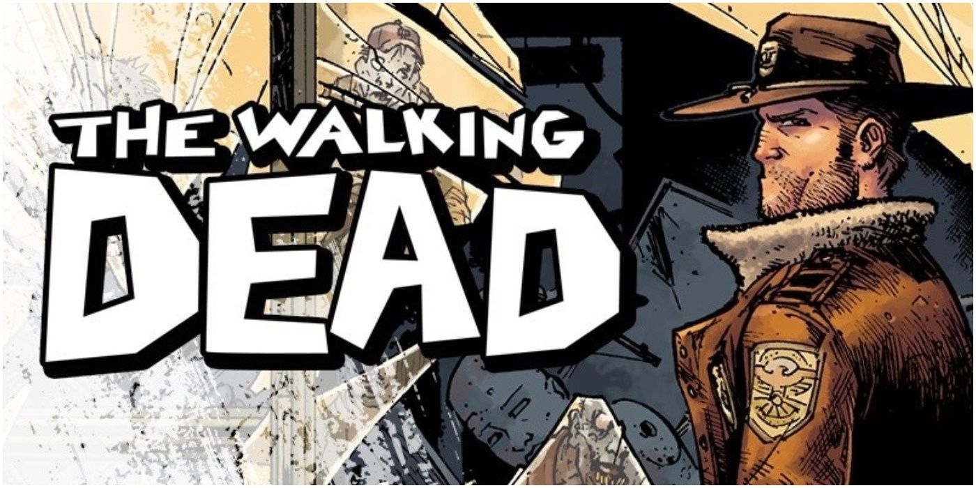 The Walking Dead logo from the comics with a man staring at the viewer.
