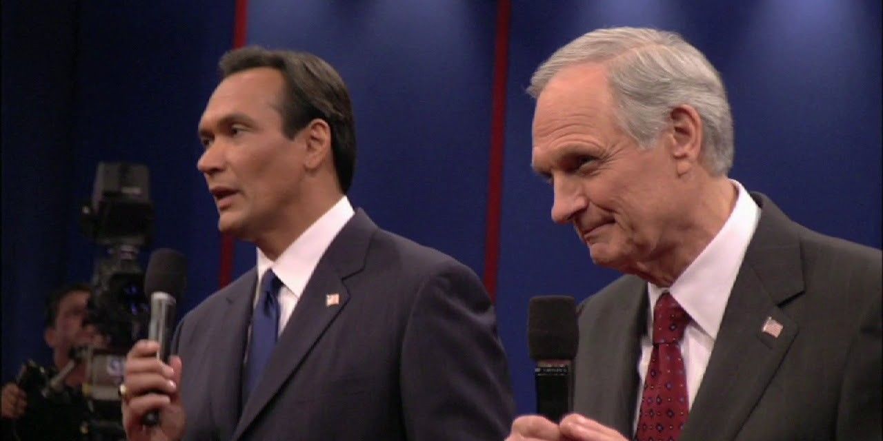 Jimmy Smits as Matt Santos and Alan Alda as Arnold Vinick, on The West Wing